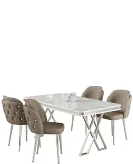 Jedálenské sety Dining Table & Chairs Set (5 Pieces) Rigel - White, Chrome, Cappuccino