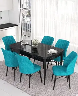 Jedálenské sety Extendable Dining Table & Chairs Set (7 Pieces) Eva - Black Marble, Turquoise