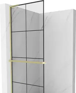 Sprchové dvere MEXEN/S - Kioto+ L Sprchová zástena WALK-IN s poličkou a držiakom uterákov 80 x 200, čierny vzor, zlatá kartáčovaná 800-080-123-55-77