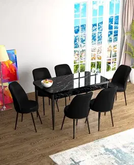 Jedálenské sety Extendable Dining Table & Chairs Set (7 Pieces) Han - Black Marble, Black