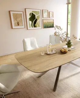 Jedálenské stoly DELIFE Jedálenský stôl Edge zaoblený 240×120 cm keramika Laminam® sabbia v dubovej farbe krížová podstava nerezová oceľ