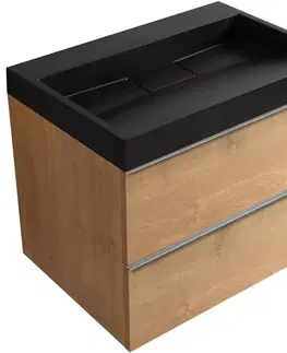 Kúpeľňový nábytok CERANO - Kúpeľňová skrinka Velora - dub medový, úchytka chróm + umývadlo z lit. mramoru Vita - čierna matná - 70x63x46,5 CER-8050BD84047