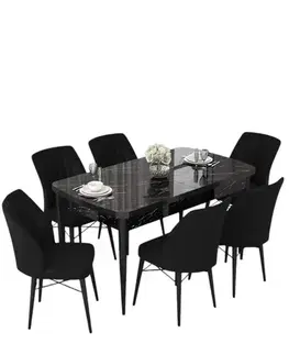Jedálenské sety Extendable Dining Table & Chairs Set (7 Pieces) Nef - Black Marble, Black
