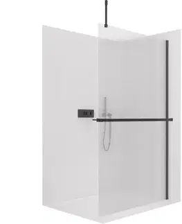 Držadlá k vani CERANO - Sprchová zástěna Walk-in Onyx Top Cube L/P - 8 mm - hranatá vzpěra + polička/držák na ručníky - černá matná, rýhované sklo - 90x200  CER-8050BD7142