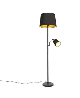 Lampy Klasická stojaca lampa čierna so zlatom a lampou na čítanie - Retro