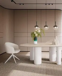 Jedálenské stoly DELIFE Jedálenský stôl Edge oválny 220x120 keramika Laminam®Travertino Bianco krémovo biela pilier kov biela