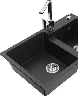 Kuchynské drezy MEXEN/S MEXEN/S - Tomas granitový drez 2-bowl vrátane batérie Rita, čierna/strieborná metalík 6516-73-670300-00