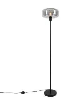 Stojace lampy Stojaca lampa v štýle Art Deco čierna s dymovým sklom - Bizle