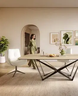 Jedálenské stoly DELIFE Jedálenský stôl Edge zaoblený 240×120 cm keramika Laminam® sabbia v dubovej farbe pavúk plochá oceľ nerezová oceľ grafitová