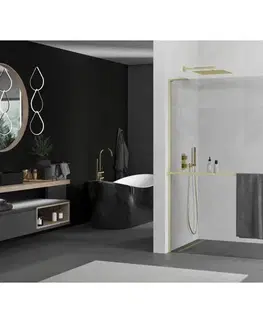 Sprchové dvere MEXEN/S - Kioto+ L Sprchová zástena WALK-IN s poličkou a držiakom uterákov 65 x 200, transparent, zlatá kartáčovaná 800-065-123-55-00