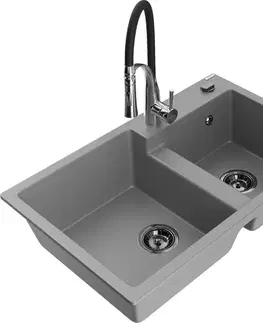 Kuchynské drezy MEXEN/S MEXEN/S - Tomas granitový drez 2-bowl vrátane batérie Aster, šedá 6516-71-73450-07-B