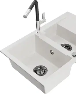Kuchynské drezy MEXEN/S MEXEN/S - Gaspar granitový drez 1.5 s odkvapkávačom vrátane batérie Flora, biela 6507-20-670401-07-B