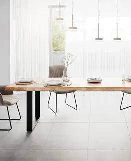 Jedálenské stoly DELIFE Jedálenský stôl Edge 280x100 XL akácia prírodná čierna tenká podstava Live-Edge