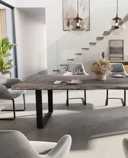 Jedálenské stoly DELIFE Jedálenský stôl Edge 260x100 XL akácia platinová kov úzky čierna Live-Edge