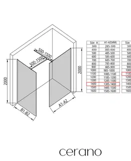 Sprchovacie kúty CERANO - Sprchová zástěna Walk-in Onyx T L/P - 10 mm - hranatá vzpěra - černá matná, grafitové sklo - 140x110x200  CER-8050BD8750