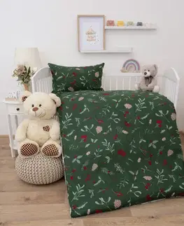 Detské obliečky MKLozkoviny.sk Vianočné bavlnené obliečky Renforcé do postieľky – Cezmínové vetvičky - 100 × 135 cm - 40 x 60 cm