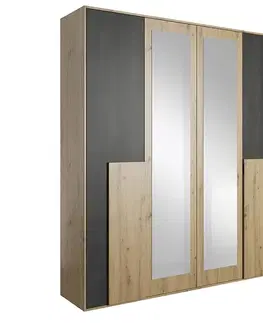 Šatníkové skrine KONDELA Bafra 4D štvordverová šatníková skriňa so zrkadlom dub artisan / čierna borovica nórska