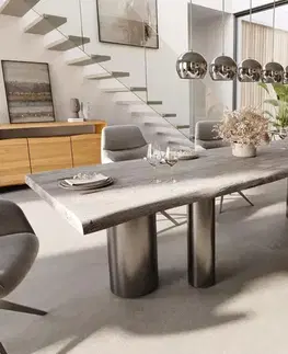 Jedálenské stoly DELIFE Jedálenský stôl Edge 300x100 XL akácia platinová Troa nerezová oceľ grafit Live-Edge