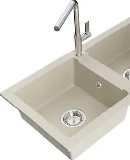 Kuchynské drezy MEXEN/S MEXEN/S - Mario granitový drez 2-bowl vrátane batérie Flora, béžová 6504-69-670401-00