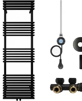 Doplnky do kúpeľne CERANO - Kúpeľňový radiátorový set Luigi - kombinované vykurovanie, wifi tyč - stredové pripojenie 50 mm - 600W - čierna matná - 1600x500 mm CER-663433