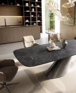 Jedálenské stoly DELIFE Jedálenský stôl Edge zaoblený 240×120 cm keramika Laminam® Nero Greco antracitová kužeľ metalická strieborná