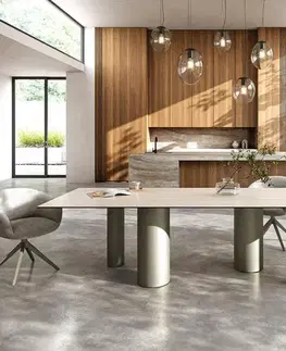 Jedálenské stoly DELIFE Jedálenský stôl Edge 300x100 keramika Laminam® Travertino Bianco krémovo biela pilier kov titánová farba