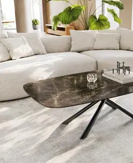 Konferenčné stolíky DELIFE Konferenčný stolík Edge zaoblený 140x80 cm keramika Laminam® Emperador Extra Lucidato tmavohnedá Sarity kov čierna