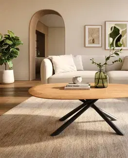 Konferenčné stolíky DELIFE Konferenčný stolík Edge oválny 140x75 cm dub prírodný okrúhla hrana Sarity kov čierna