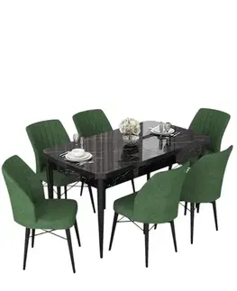 Jedálenské sety Extendable Dining Table & Chairs Set (7 Pieces) Nef - Black Marble, Khaki