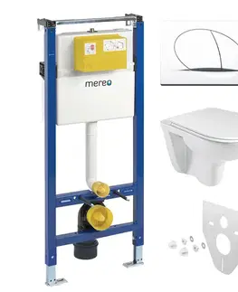 Záchody Mereo WC set - Rimless WC oblé, modul pre sadrokartón, biele oválne tlačidlo MM02NSETRS110