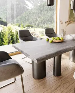 Jedálenské stoly DELIFE Jedálenský stôl Edge 220x100 XL akácia platinová Troa nerezová oceľ grafit Live-Edge
