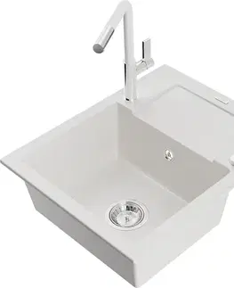 Kuchynské drezy MEXEN/S MEXEN/S - Enzo granitový drez 1-miska s odkvapkávačom vrátane batérie Flora, biela 6506-20-670401-02