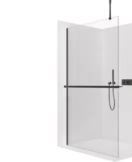 Držadlá k vani CERANO - Sprchová zástěna Walk-in Onyx Top Round L/P - 10 mm - kulatá vzpěra + polička/držák na ručníky - černá matná, transparentní sklo - 130x200  CER-8050BD711304