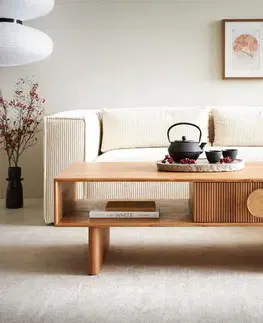 Konferenčné stolíky DELIFE Konferenčný stolík Surimu 115x60 cm akácia svetlohnedá 2 zásuvky korkové úchytky drevené nohy