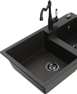 Kuchynské drezy MEXEN/S MEXEN/S - Tomas granitový drez 2-bowl vrátane batérie Carla, čierna/zlatá metalik 6516-75-670700-70-B