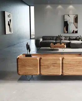 Televízne stolíky DELIFE TV stolík Kiano 220 cm akácia prírodná 4 dvierka podstava v tvare V čierna deliaci prvok