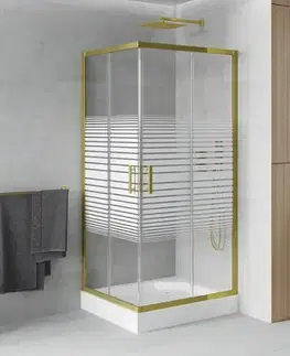 Vane MEXEN/S - Rio sprchovací kút štvorec 90 x 90, pruhy, zlato + vanička Rio vrátane výpuste 860-090-090-50-20-4510