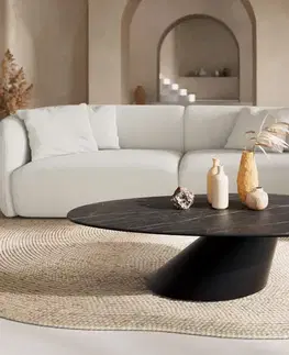 Konferenčné stolíky DELIFE Konferenčný stolík Edge oválny 140x75 cm keramika Laminam® Noir Desir hnedá Conis kov čierna
