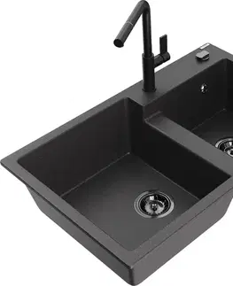 Kuchynské drezy MEXEN/S MEXEN/S - Tomas granitový drez 2-bowl vrátane batérie Flora, čierna kropenatá 6516-76-670401-70-B