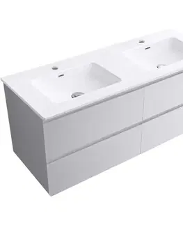 Kúpeľňový nábytok CERANO - Kúpeľňová skrinka Carole - biela matná + keramické dvojumývadlo Novo - biela lesklá - 121x49,5x46,5 CER-979861