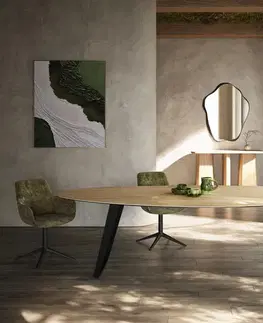 Jedálenské stoly DELIFE Jedálenský stôl Edge oválny 280x130 cm keramika Laminam® sabbia v dubovej farbe kovová šikmá čierna