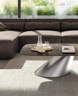 Konferenčné stolíky DELIFE Konferenčný stolík Edge zaoblený 120x70 cm keramika Laminam® Emperador Extra Lucidato tmavohnedá konická nerezová oceľ kefovaná
