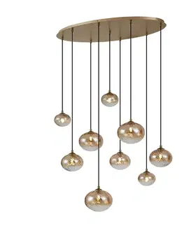 Závesné svietidlá Závesná lampa Art Deco zlatá s jantárovým sklom 9-Lights - Jia