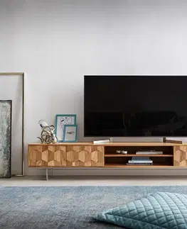 Televízne stolíky DELIFE TV stolík Fevo 240 cm akácia prírodná 4 dvierka podstava v tvare L