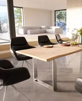Jedálenské stoly DELIFE Jedálenský stôl Edge 260x100 akácia prírodná nerezová oceľ úzky Live-Edge