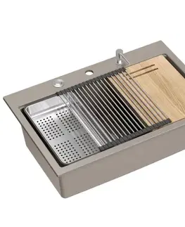 Kuchynské drezy Quadron Quadron - Granitový drez MARC 110 WORKSTATION Beige Zlatá zátka ZLE-09046