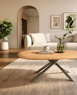 Konferenčné stolíky DELIFE Konferenčný stolík Edge oválny 140x75 cm dub prírodný okrúhla hrana Sarity nerezová oceľ kefovaná