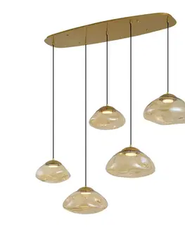 Závesné svietidlá Hotelová elegantná závesná lampa mosadzná s jantárovým sklom 5-svetiel - Gus