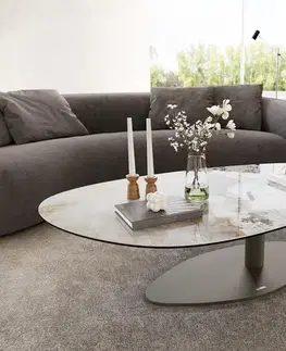 Konferenčné stolíky DELIFE Konferenčný stolík Edge oválny 140x75 cm keramika Minas Melange Vibany kov efektový povrch titánová farba
