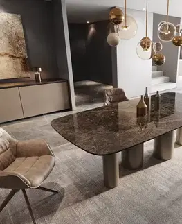 Jedálenské stoly DELIFE Jedálenský stôl Edge zaoblený tvar 240x120 keramika Laminam® Emperador Extra Lucidato tmavohnedá kovová podstava efekt titán
